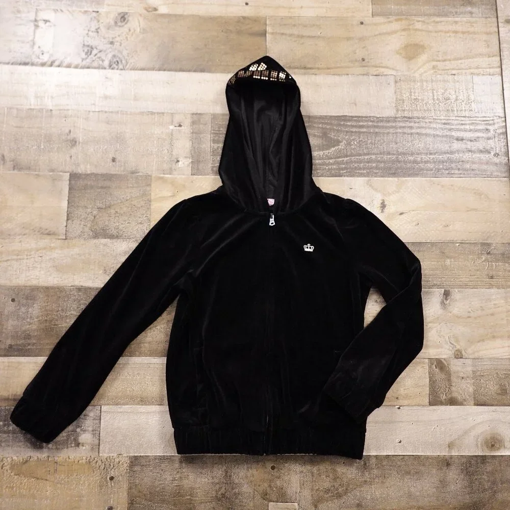 Juicy Couture‎ Girls Velour Hoodie Large Black Crown Logo Zip Up Juicy Hood